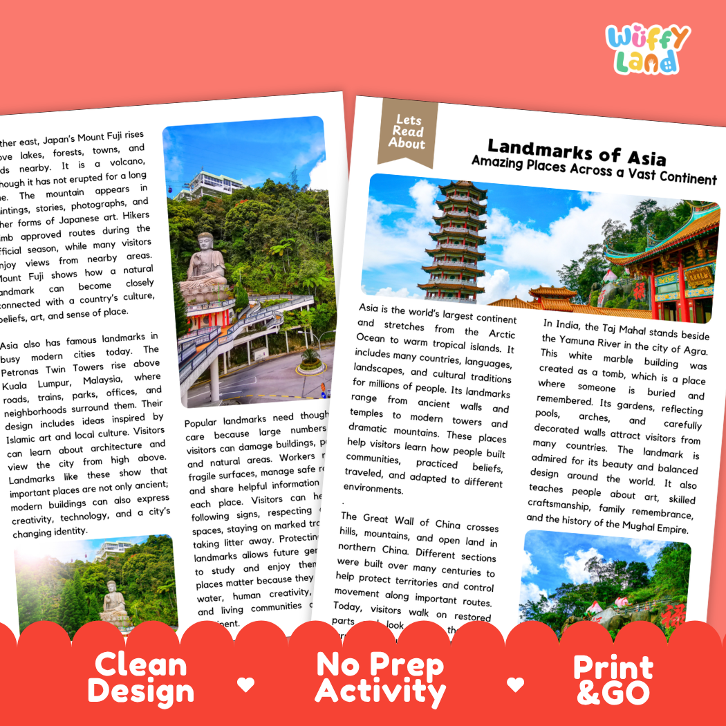 Teacher answer key page showing complete question solutions for Landmarks of Asia geography and world history reading comprehension practice