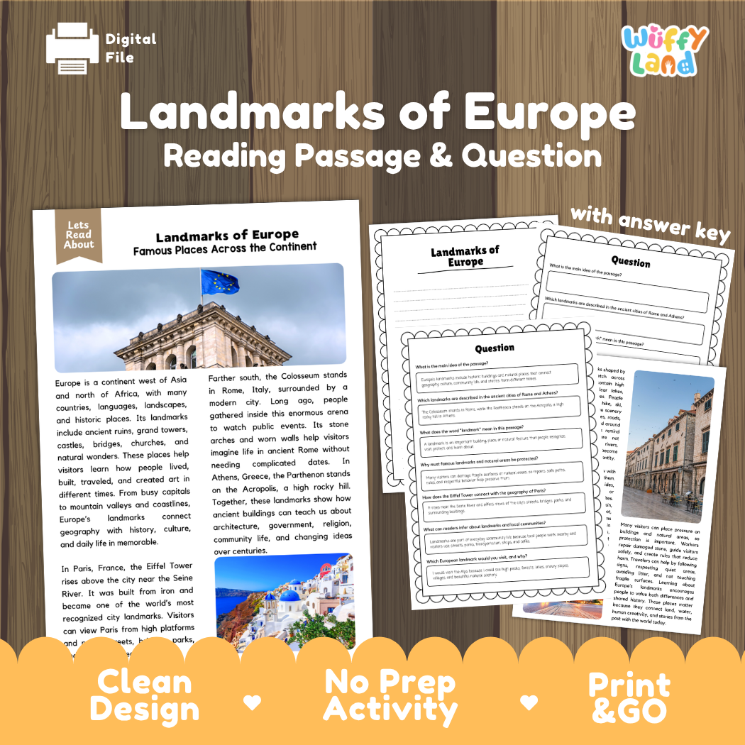 Landmarks of Europe reading comprehension passage and questions printable activity pack with answer key for elementary students