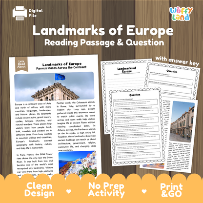 Landmarks of Europe reading comprehension passage and questions printable activity pack with answer key for elementary students
