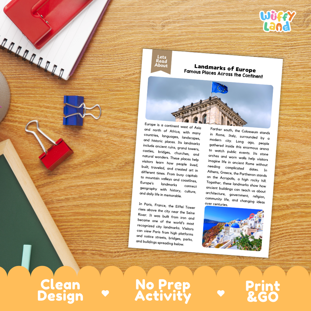 Student reading comprehension worksheet with short-answer questions and lined sections about famous landmarks of Europe