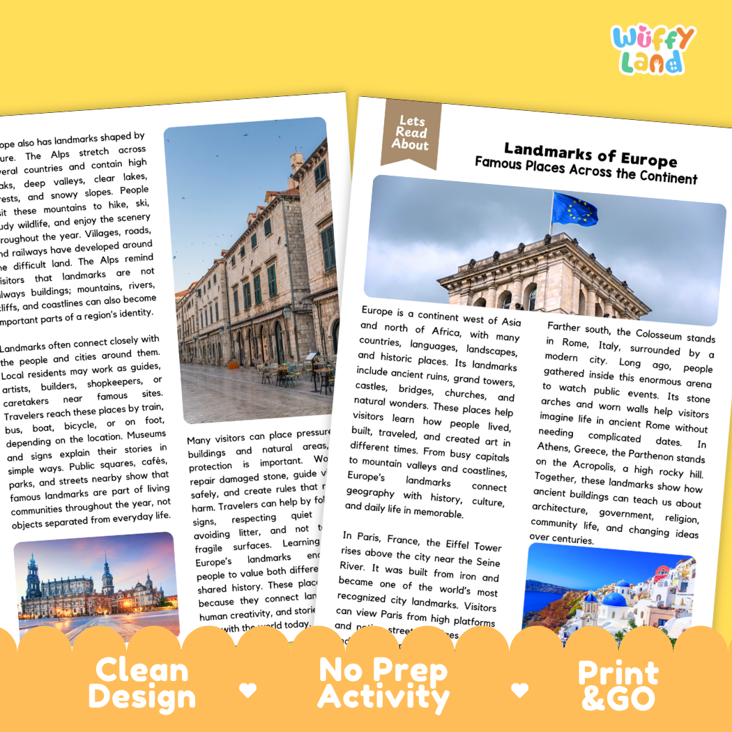 Teacher answer key page showing complete question solutions for Landmarks of Europe geography and world history reading comprehension practice