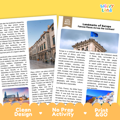 Teacher answer key page showing complete question solutions for Landmarks of Europe geography and world history reading comprehension practice