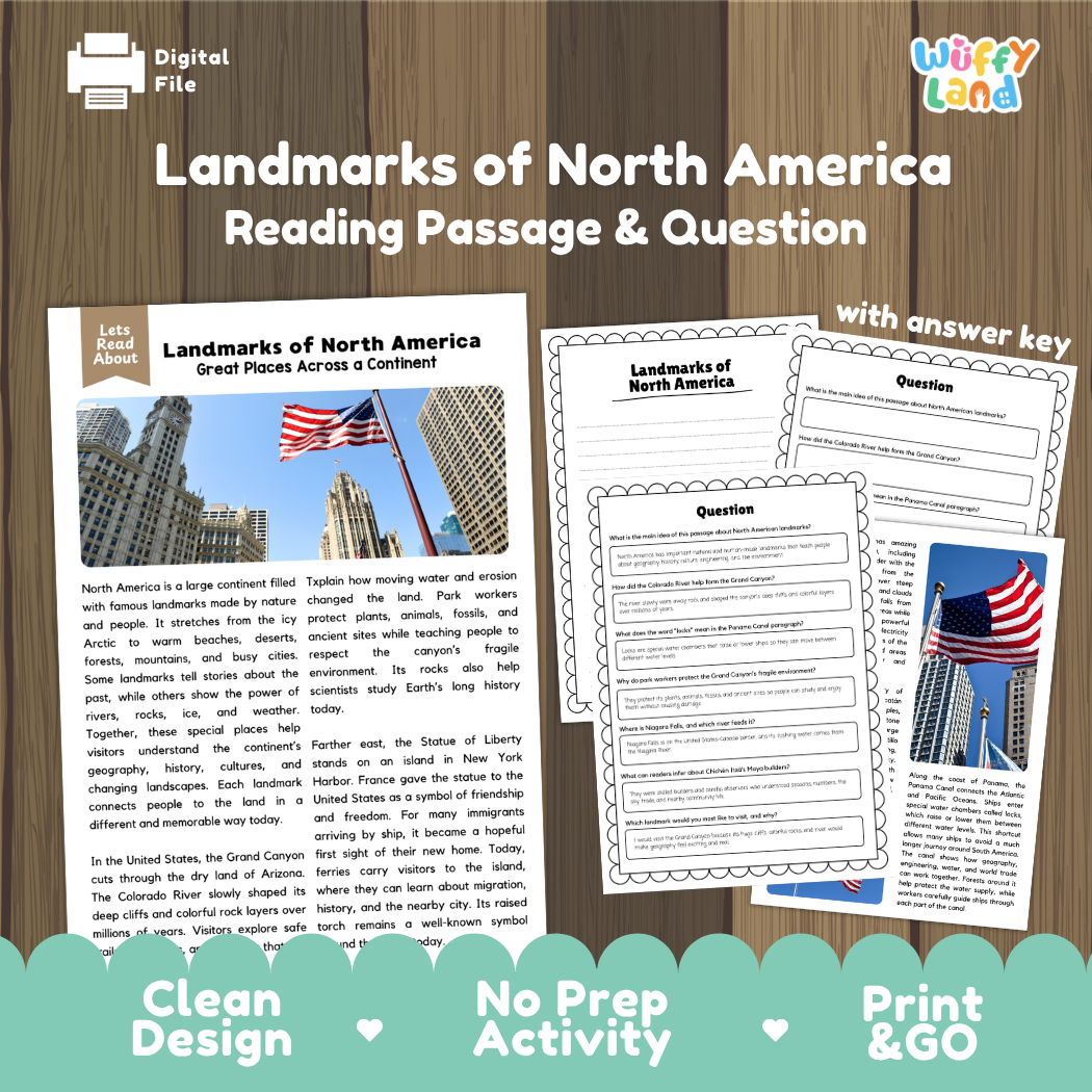 Landmarks of North America reading comprehension passage and questions printable activity pack with answer key for elementary students