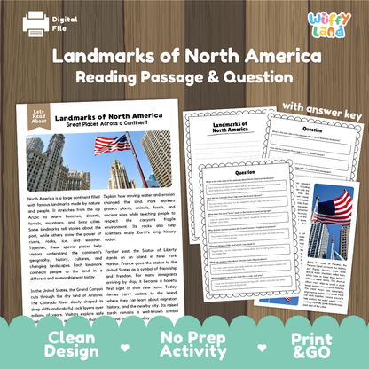 Landmarks of North America reading comprehension passage and questions printable activity pack with answer key for elementary students