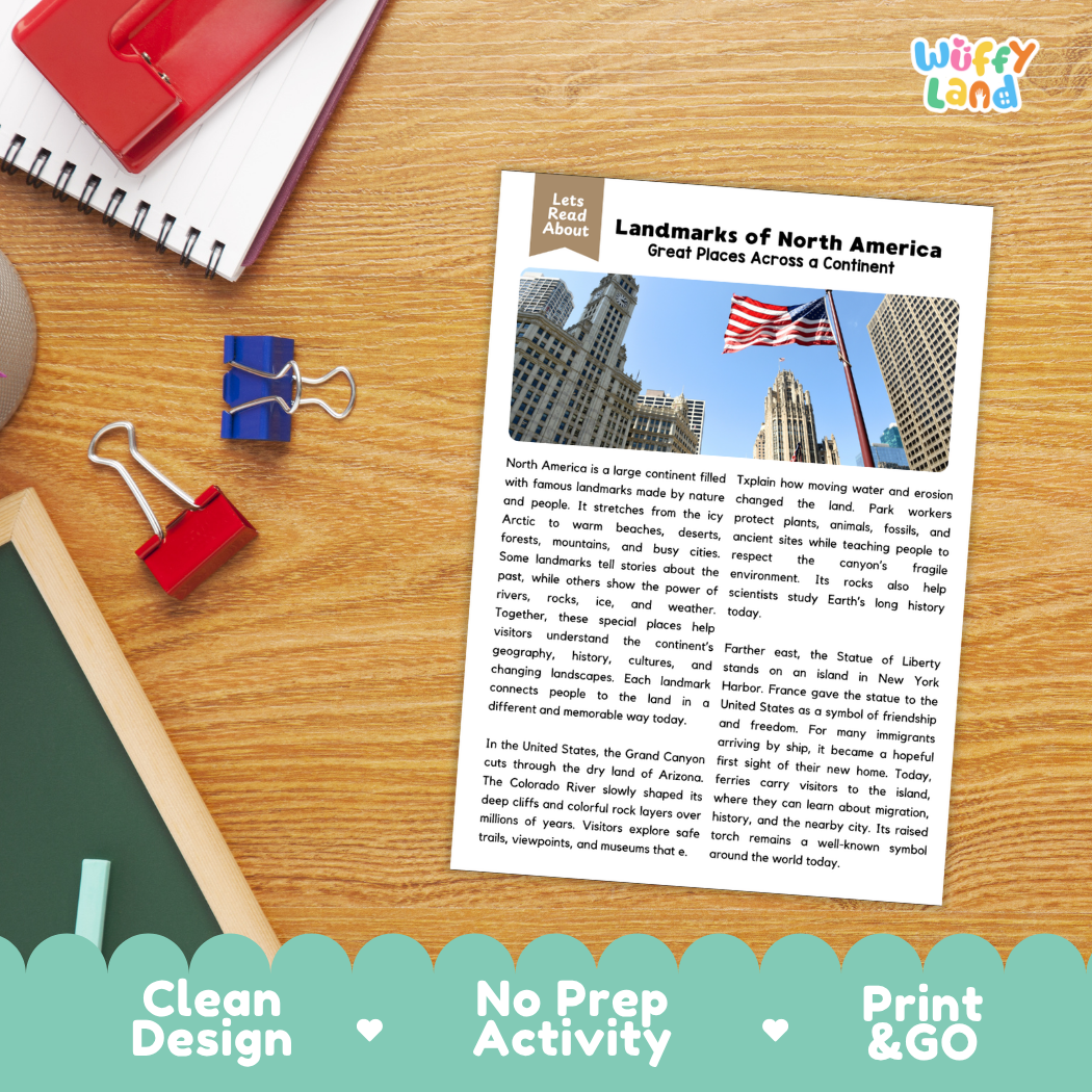 Student reading comprehension worksheet with short-answer questions and lined sections about famous landmarks of North America