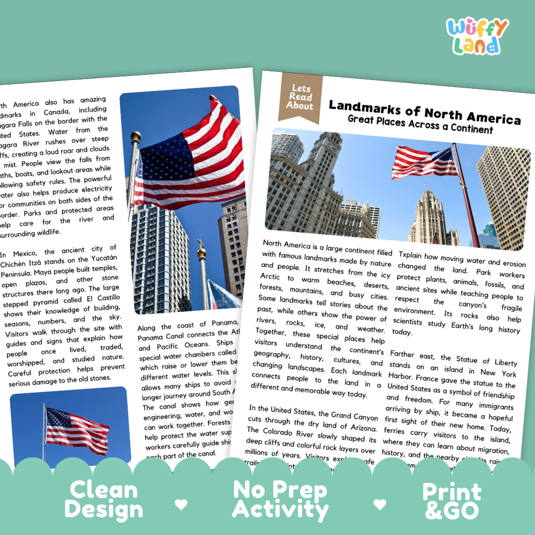 Teacher answer key page showing complete question solutions for Landmarks of North America geography and history reading comprehension practice