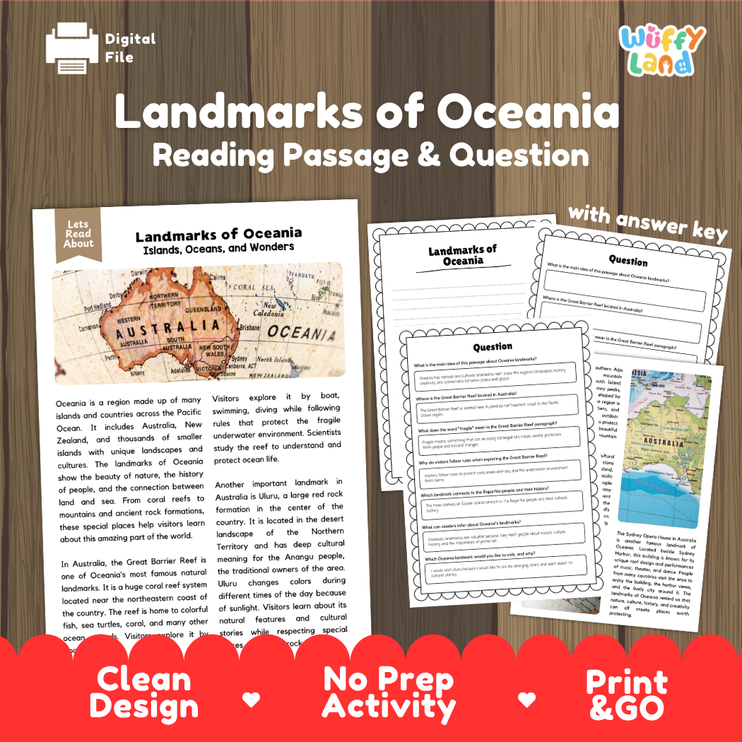Landmarks of Oceania reading comprehension passage and questions printable activity pack with answer key for elementary students