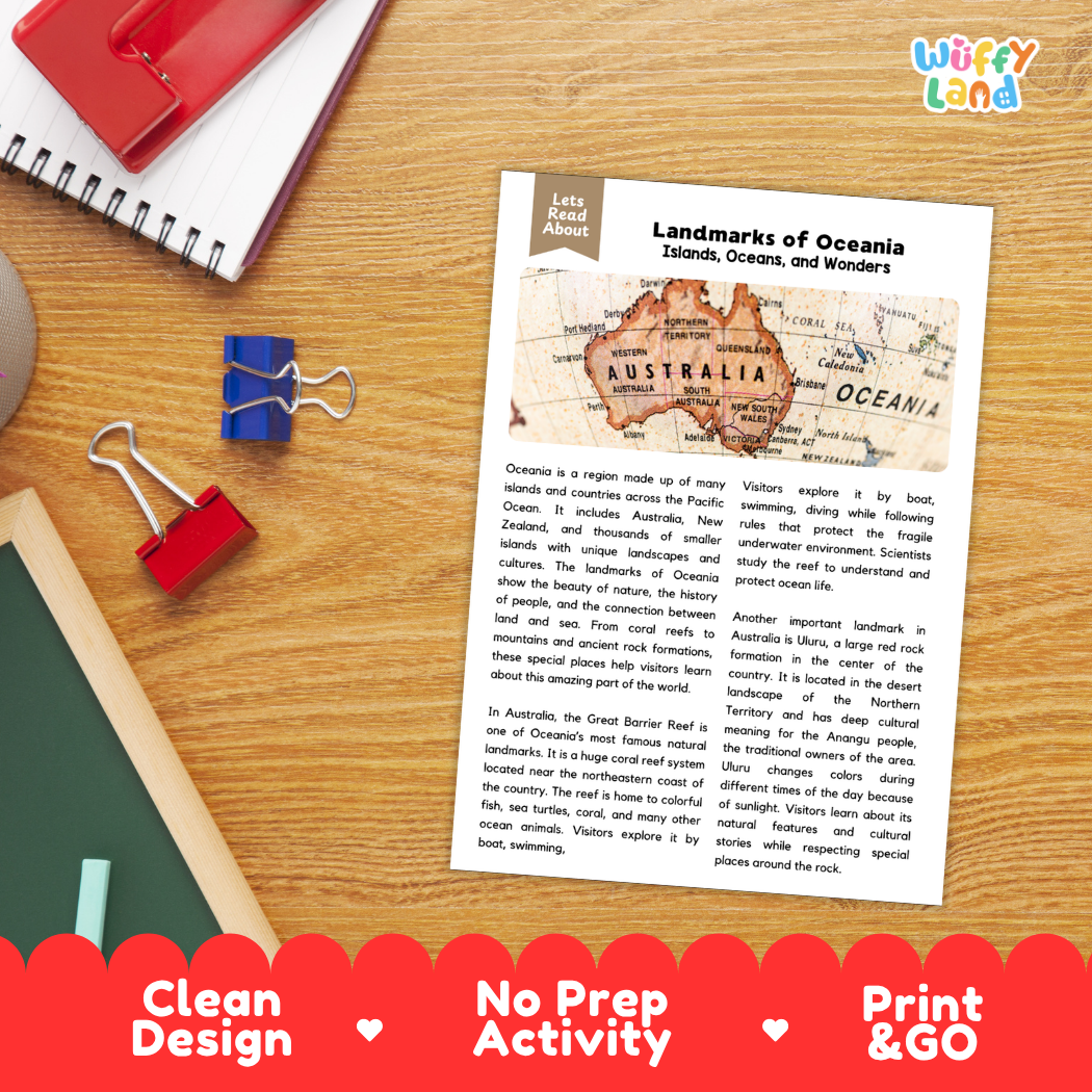 Student reading comprehension worksheet with short-answer questions and lined sections about famous landmarks of Oceania