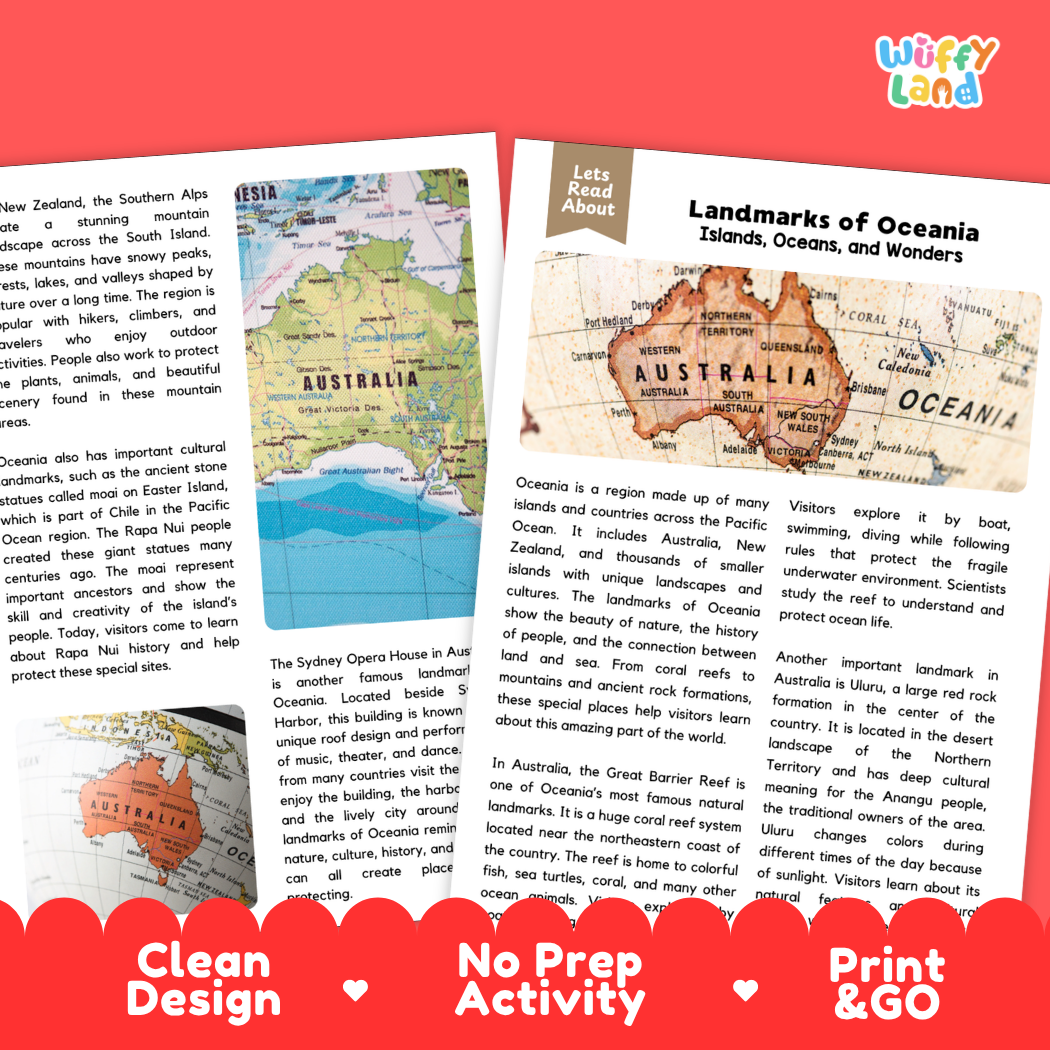 Teacher answer key page showing complete question solutions for Landmarks of Oceania geography and culture reading comprehension practice