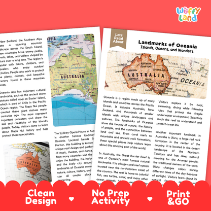 Teacher answer key page showing complete question solutions for Landmarks of Oceania geography and culture reading comprehension practice