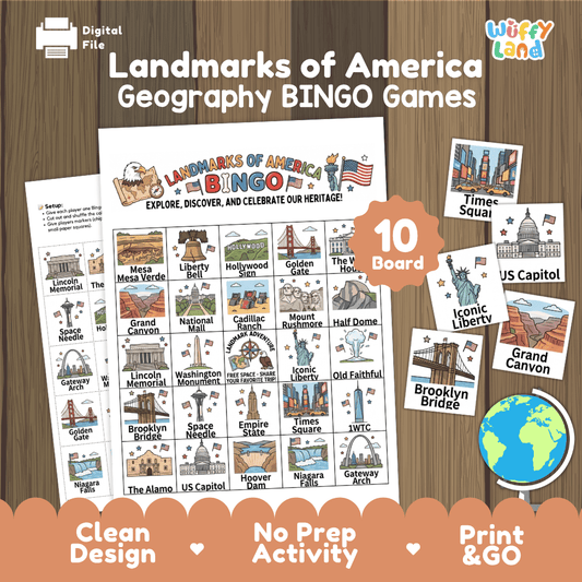 Landmarks of America Geography Bingo Games Printable Activity
