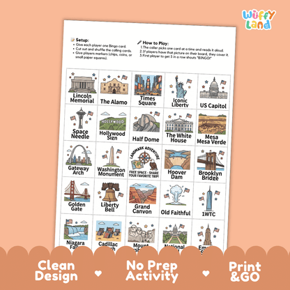 Landmarks of America Geography Bingo Games Printable Activity