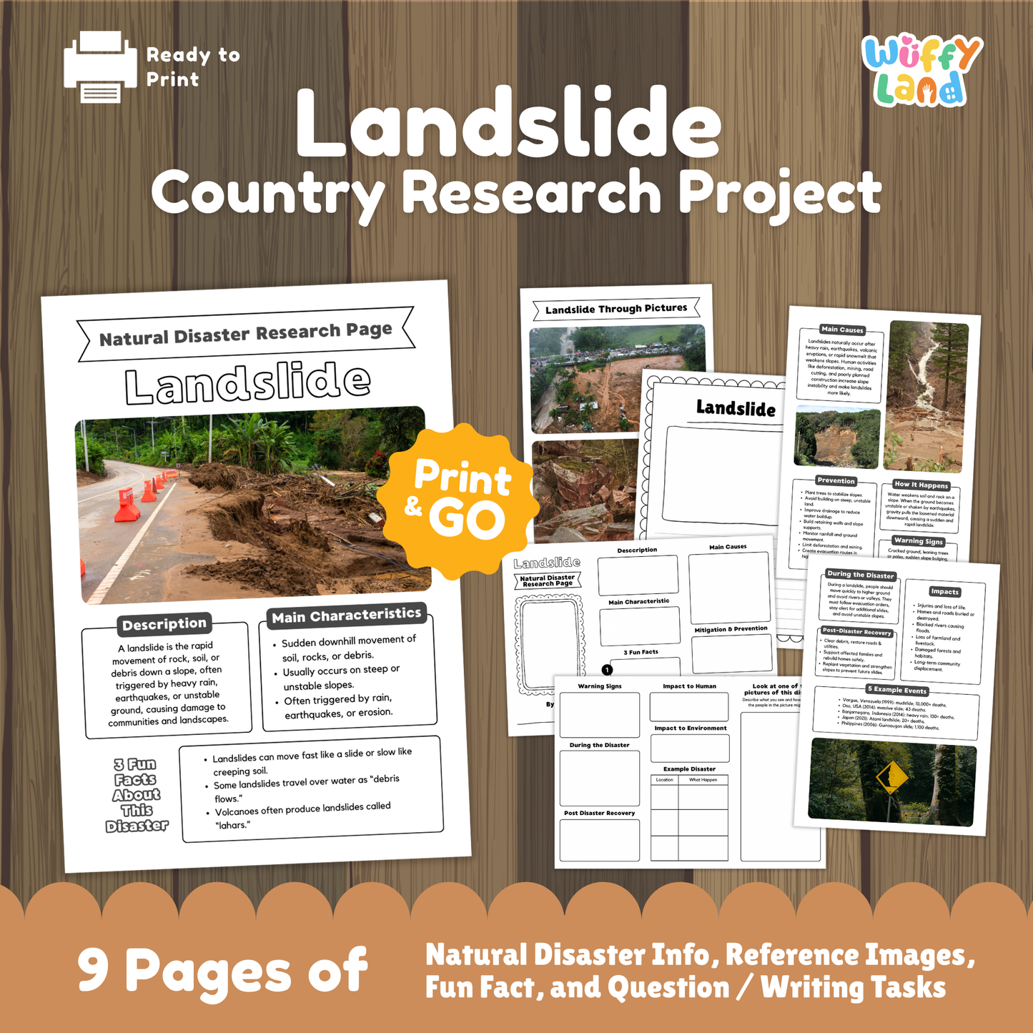 Landslide country research project printable featuring a main information page, real landslide photos, cause and prevention worksheets, and student activity pages for learning about landslides.