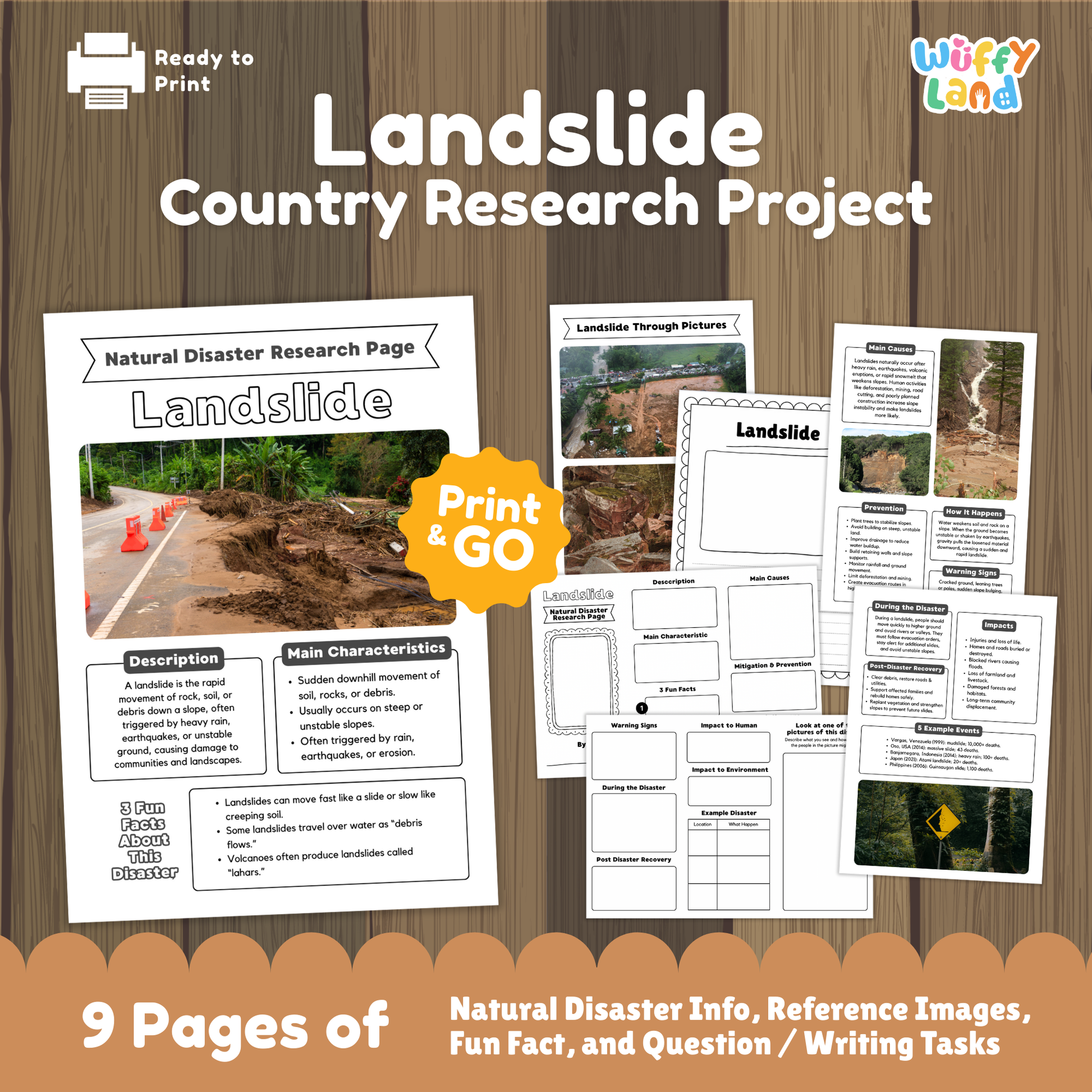 Landslide country research project printable featuring a main information page, real landslide photos, cause and prevention worksheets, and student activity pages for learning about landslides.