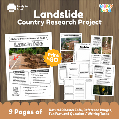 Landslide country research project printable featuring a main information page, real landslide photos, cause and prevention worksheets, and student activity pages for learning about landslides.