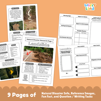 Landslide country research project printable featuring a main information page, real landslide photos, cause and prevention worksheets, and student activity pages for learning about landslides.