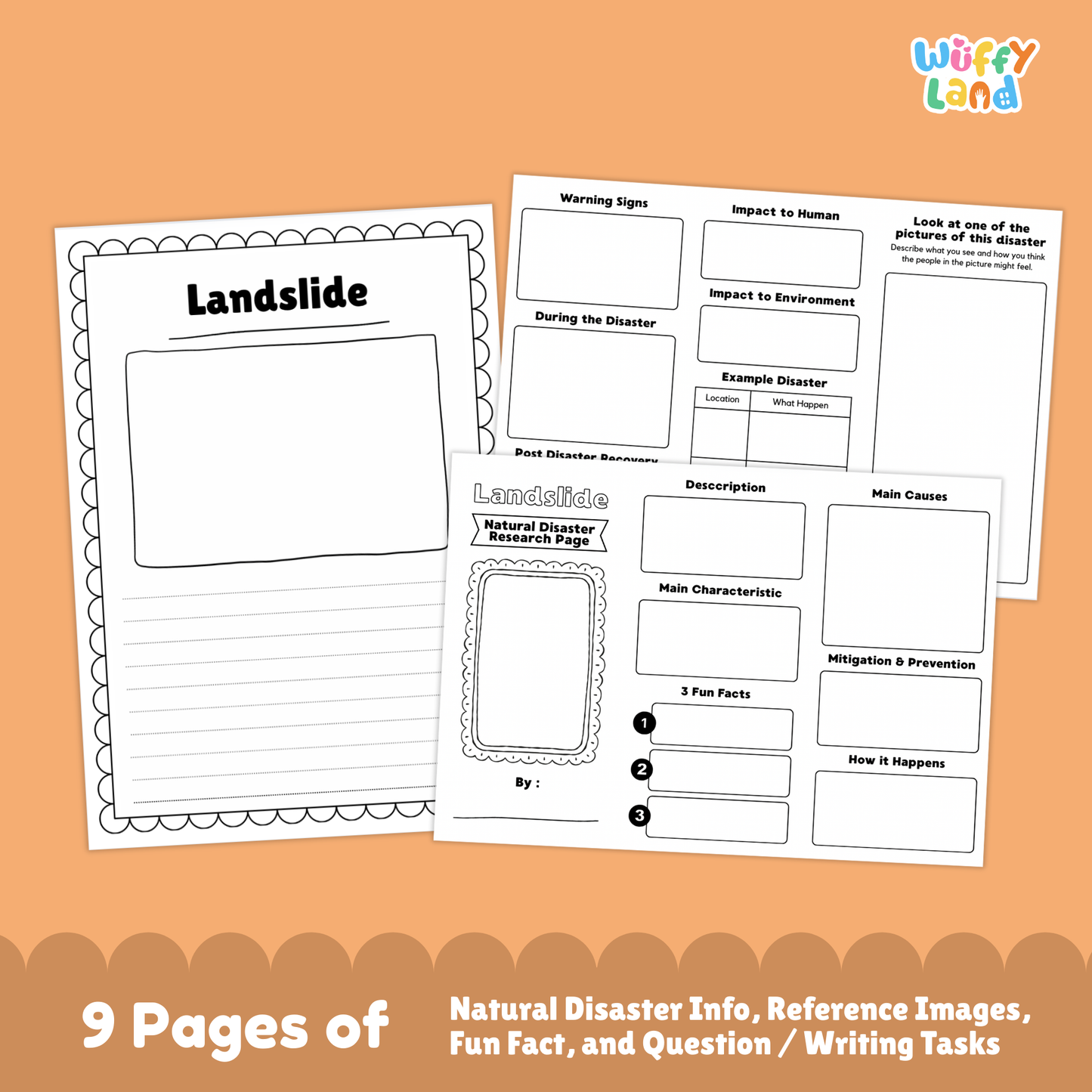 Landslide country research project printable featuring a main information page, real landslide photos, cause and prevention worksheets, and student activity pages for learning about landslides.