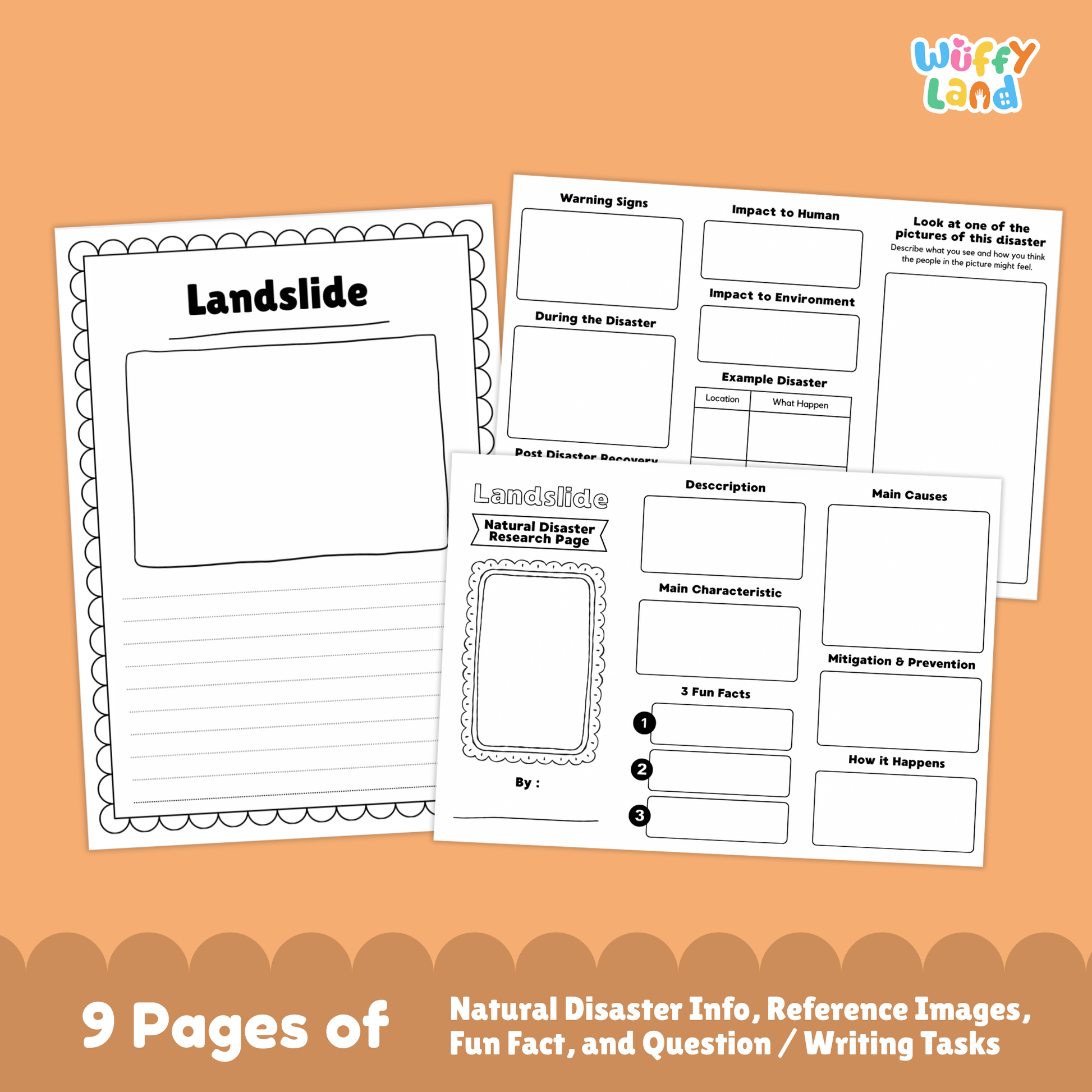 Landslide country research project printable featuring a main information page, real landslide photos, cause and prevention worksheets, and student activity pages for learning about landslides.
