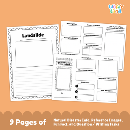 Landslide country research project printable featuring a main information page, real landslide photos, cause and prevention worksheets, and student activity pages for learning about landslides.