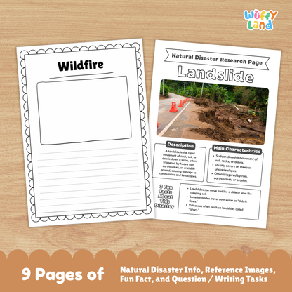 Landslide country research project printable featuring a main information page, real landslide photos, cause and prevention worksheets, and student activity pages for learning about landslides.