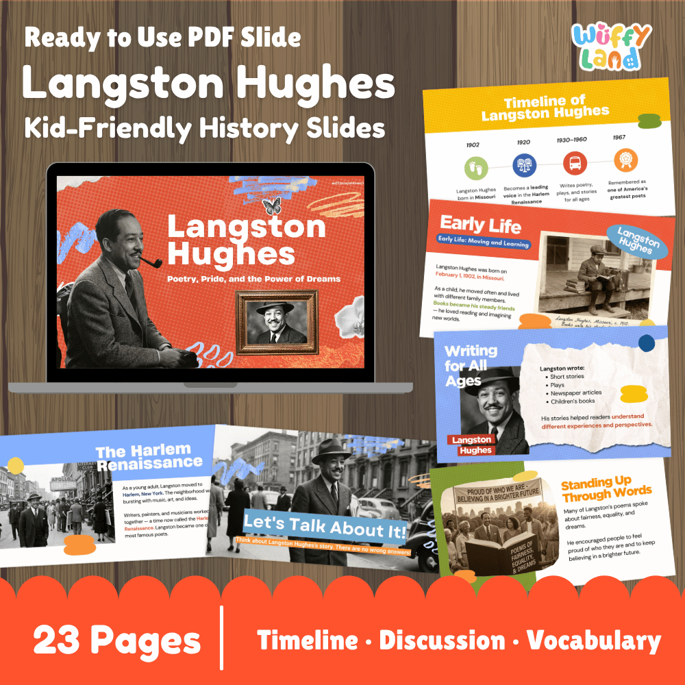 Promotional graphic for a digital product: 'Langston Hughes Kid-Friendly History Slides' by Wiffly Land. The image shows a laptop mockup with the cover slide, several sample slide pages, and text reading '23 Pages | Timeline | Discussion | Vocabulary' on a wood background.