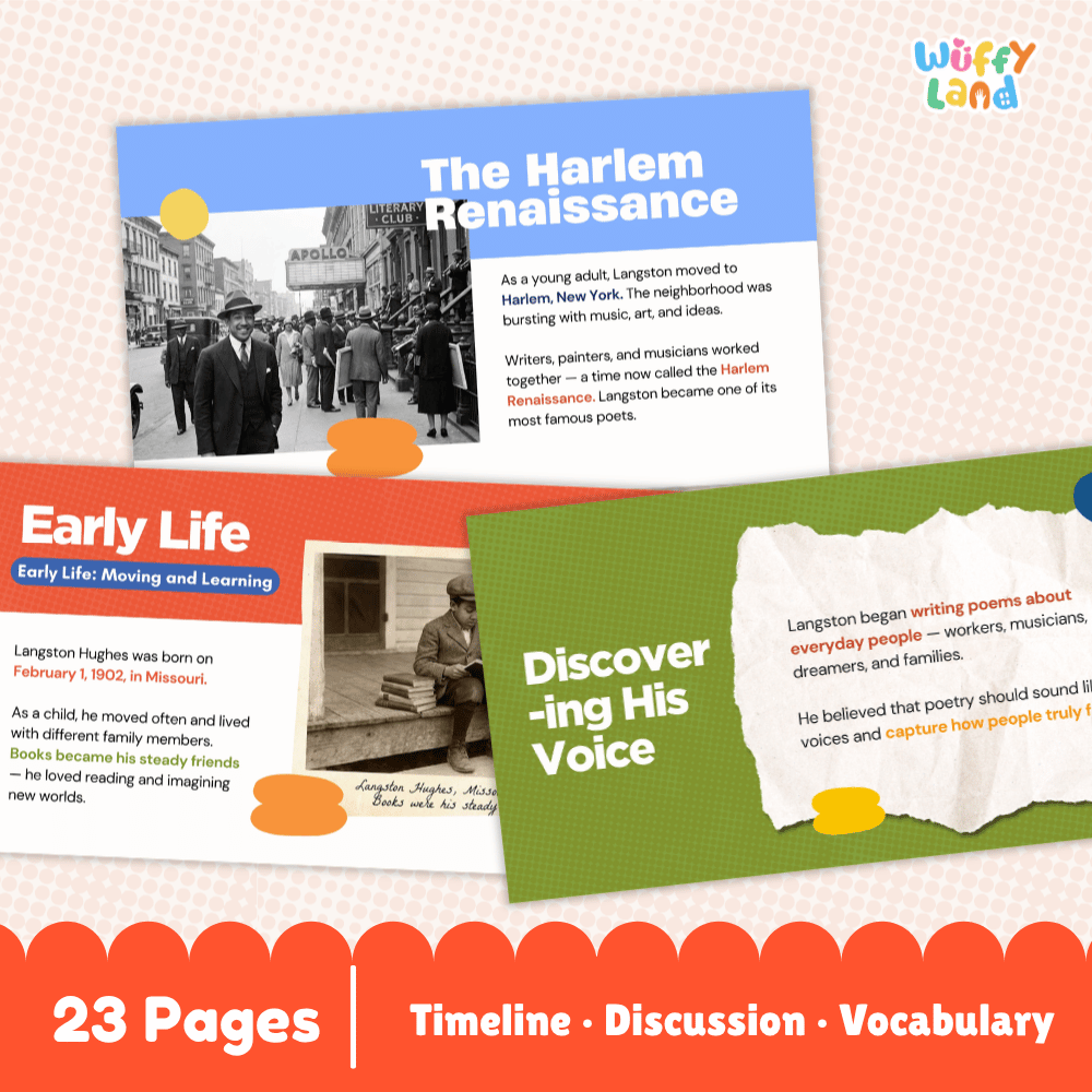Promotional graphic for a children's book or educational timeline product titled 'The Harlem Renaissance' and 'Early Life: Moving and Learning,' with a third page titled 'Discover-ing His Voice.' The design shows three overlapping poster-like pages on a pale pink background with a red scalloped banner at the bottom reading '23 Pages | Timeline | Discussion | Vocabulary.