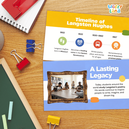 An educational poster titled 'Timeline of Langston Hughes' laid out on a wooden desk with school supplies like a spiral notebook, binder clips, chalk, and a red notebook. The poster has a yellow top section with timeline markers and a blue lower section with a framed photo and text about Langston Hughes' legacy.