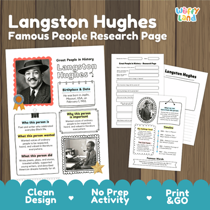 Langston Hughes Famous People Research Page Worksheets and Biography Activity