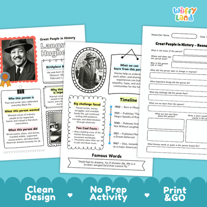 Langston Hughes Famous People Research Page Worksheets and Biography Activity
