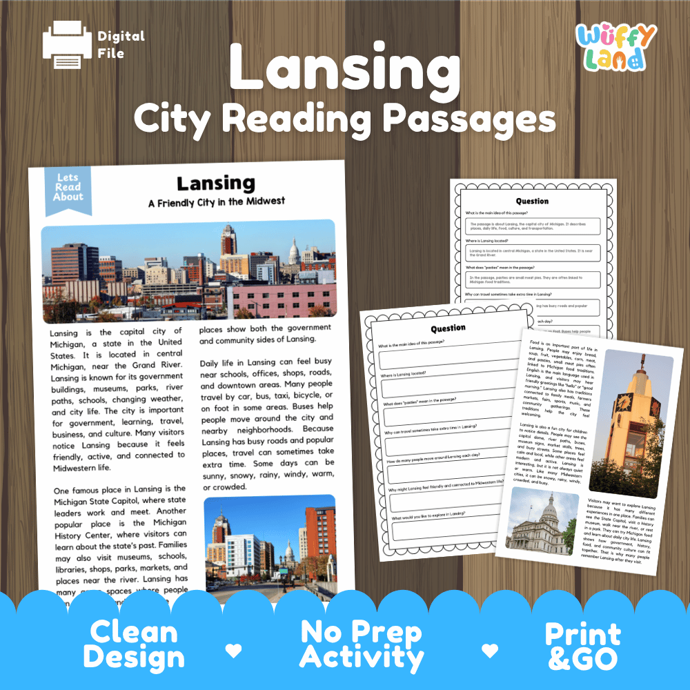 Lansing city reading passages and comprehension worksheet educational unit featuring nonfiction text and authentic Lansing Michigan capitol and skyline photography