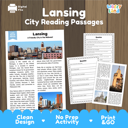 Lansing city reading passages and comprehension worksheet educational unit featuring nonfiction text and authentic Lansing Michigan capitol and skyline photography