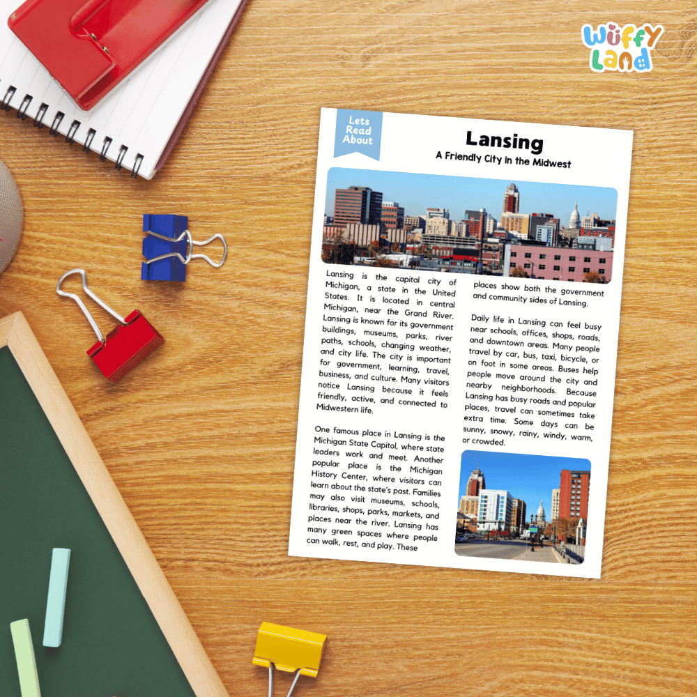 Lined reading comprehension question worksheet covering main ideas vocabulary terms and landmark facts about Lansing Michigan