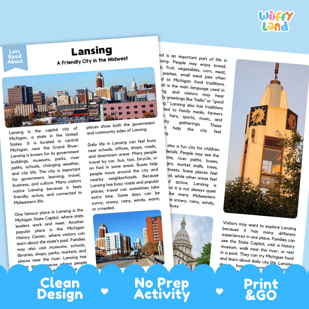 Reference sheet and answer key for Lansing landmark reading passage displaying completed comprehension answers and United States geography facts
