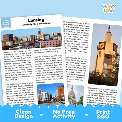 Reference sheet and answer key for Lansing landmark reading passage displaying completed comprehension answers and United States geography facts