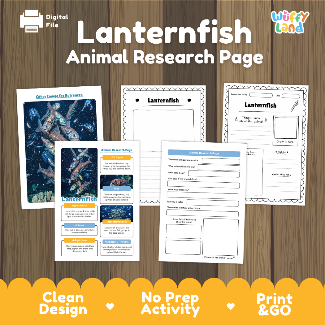 A digital product preview for a 'Lanternfish Animal Research Page' activity sheet by 'Wiffy Land'. The image shows several printable worksheet pages laid out on a dark wood background, with a 'Digital File' icon in the top left and a yellow banner at the bottom highlighting key features like 'Clean Design', 'No Prep Activity', and 'Print & GO'.