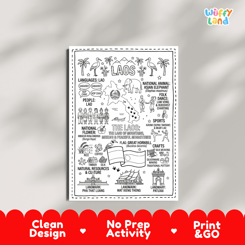 Educational activity coloring page highlighting Laos Asian Elephant Elephas maximus, Great Hornbill, flower, and flag