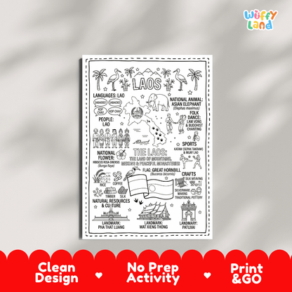 Educational activity coloring page highlighting Laos Asian Elephant Elephas maximus, Great Hornbill, flower, and flag
