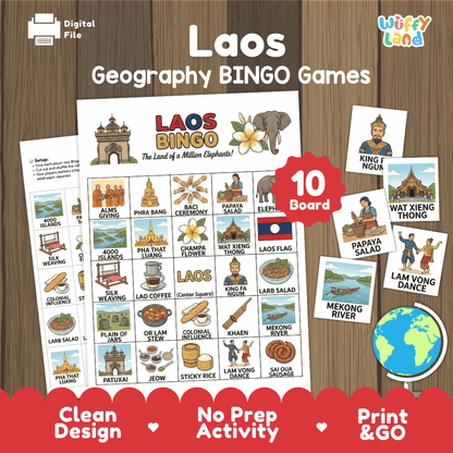 Classroom educational Bingo game cards featuring Wat Xieng Thong, Lam Vong dance, Papaya Salad, and King Fa Ngum 🎲🥗