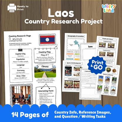Student country research worksheet on Laos featuring national flag, Vientiane capital city facts, climate, and geography map