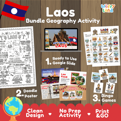 Complete Laos geography activity bundle featuring Google Slides, doodle coloring poster, and classroom bingo games 🇱🇦🎒