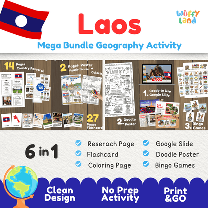 Complete Laos geography activity bundle featuring Google Slides, doodle coloring poster, and classroom bingo games 🇱🇦🎒