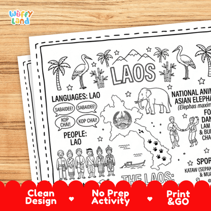 Cultural coloring page featuring traditional Lao dress, Lam Vong dance, silk weaving, silverware, and Sabaidee greeting speech bubbles