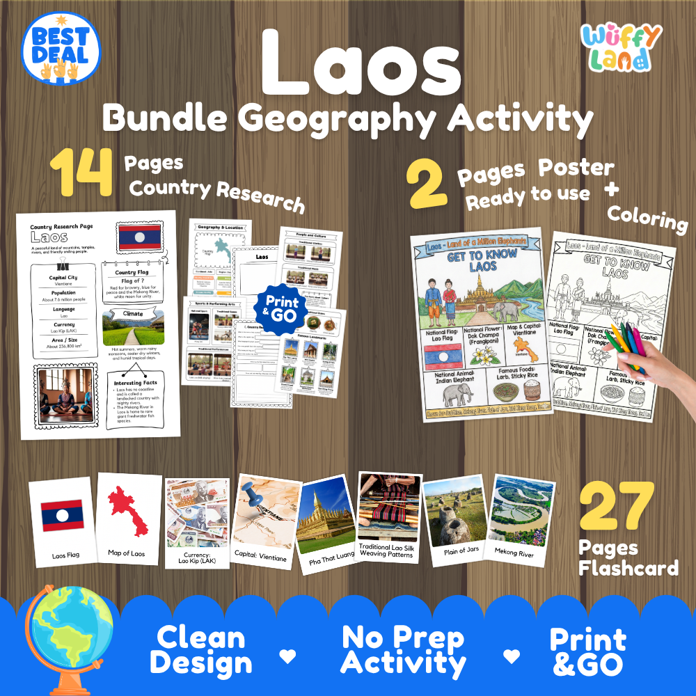 Laos geography activity bundle cover showing 14 country research pages, 2 ready to use coloring posters, and 27 photo flashcards