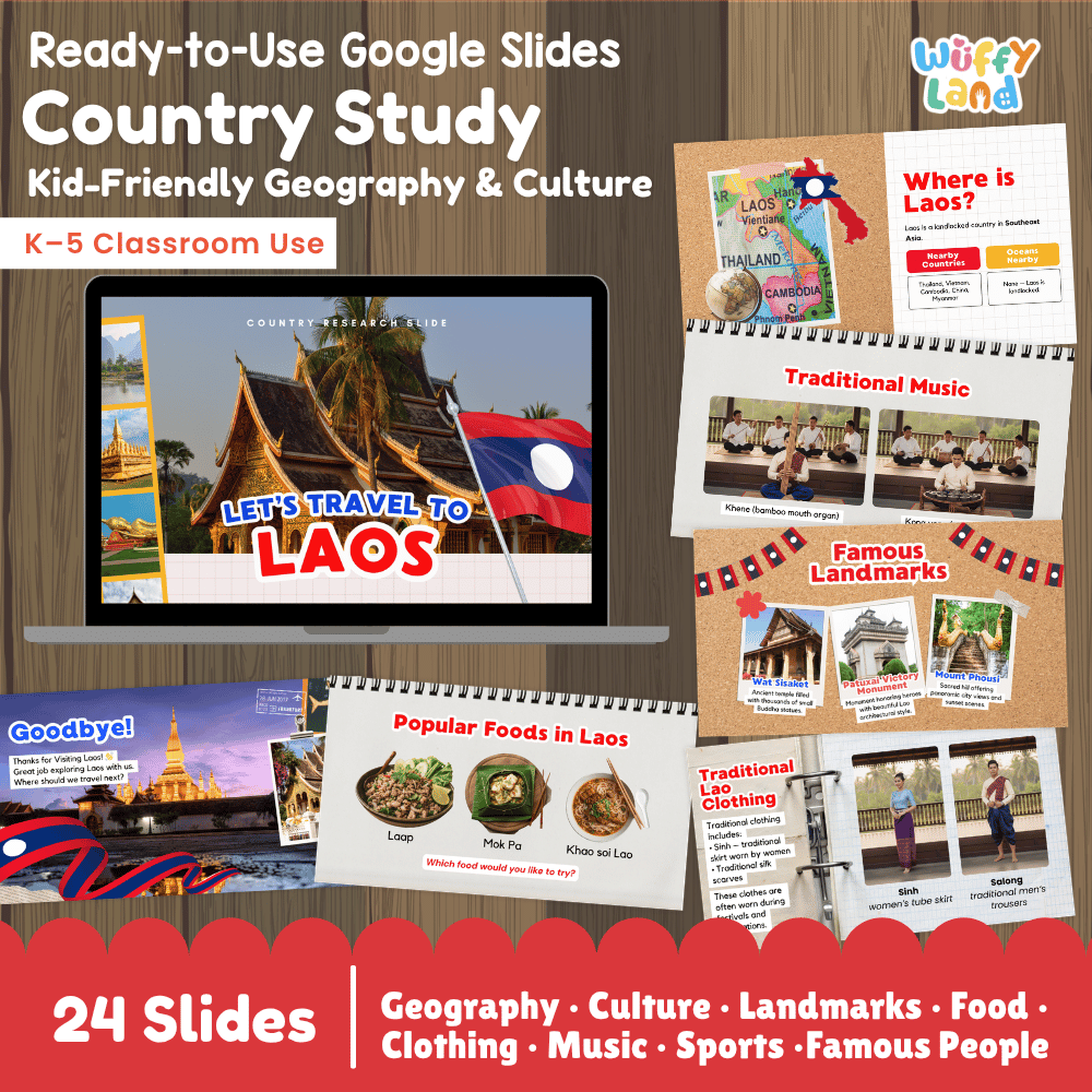 Interactive Google Slides deck displaying famous Lao landmarks like Pha That Luang, Wat Xieng Thong, and traditional Lao sticky rice 💻🏯