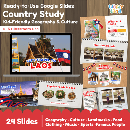 Interactive Google Slides deck displaying famous Lao landmarks like Pha That Luang, Wat Xieng Thong, and traditional Lao sticky rice 💻🏯