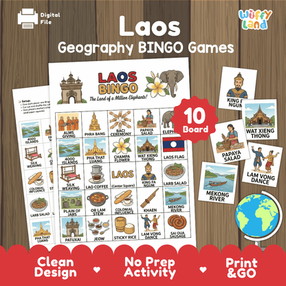 Laos Geography BINGO Game Southeast Asian Country Study Activity Printable Boards