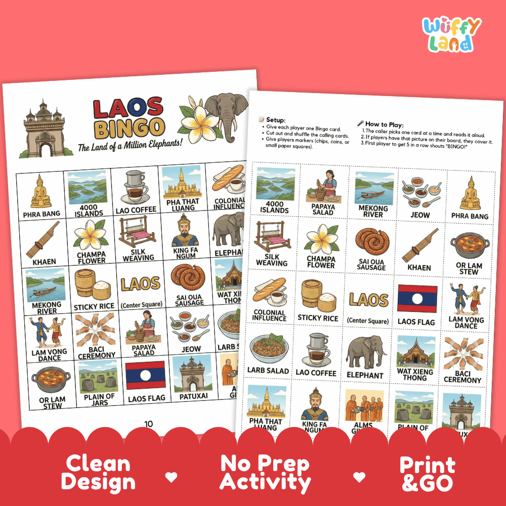 Laos Geography BINGO Game Southeast Asian Country Study Activity Printable Boards