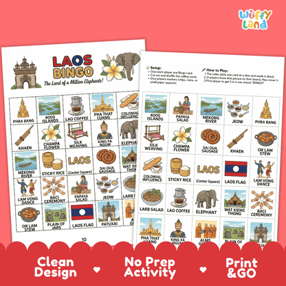 Laos Geography BINGO Game Southeast Asian Country Study Activity Printable Boards