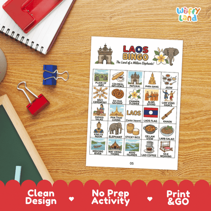 Laos Geography BINGO Game Southeast Asian Country Study Activity Printable Boards