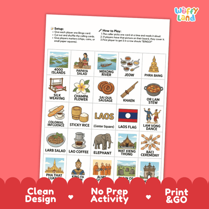 Laos Geography BINGO Game Southeast Asian Country Study Activity Printable Boards